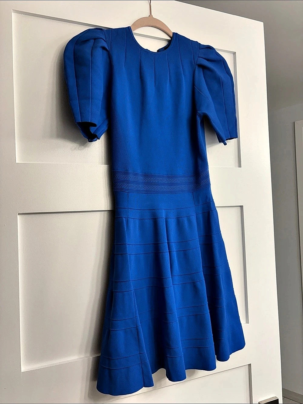 Ted Baker Velvey Puff Sleeve Knit Dress Blue Midi Size 2